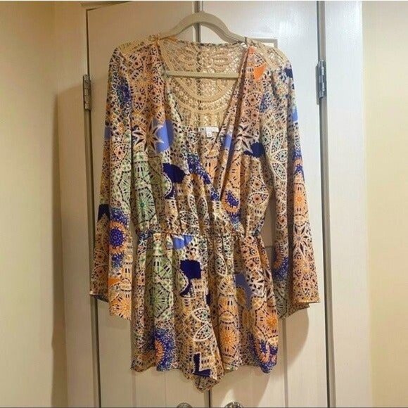 DR2 Patchwork Boho Crochet Long Sleeve Romper - Size X-Small (XS) - Picture 3 of 3